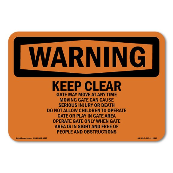 OSHA WARNING Sign - Keep Clear Gate May Move At Any | Plastic Sign | Protect Your Business, Construction Site, Warehouse & Shop Area | Made in the USA