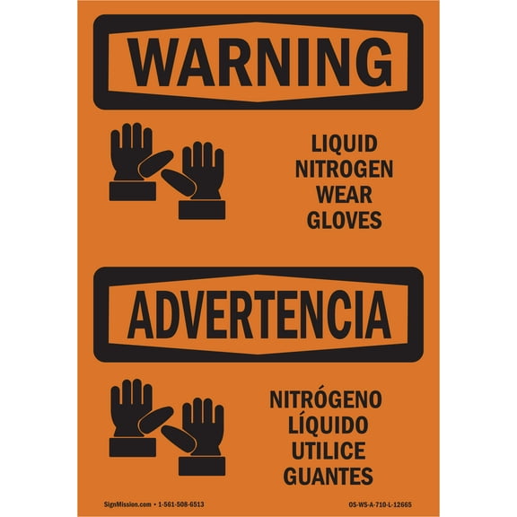 OSHA WARNING Sign - Liquid Nitrogen Wear Gloves Bilingual | Plastic Sign | Protect Your Business, Work Site, Warehouse & Shop Area | Made in the USA