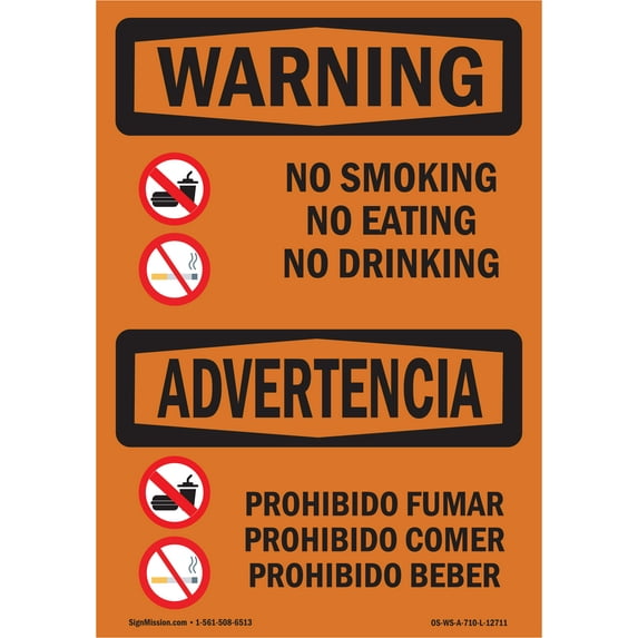 OSHA WARNING Sign - No Smoking Eating Drinking Bilingual | Decal | Protect Your Business, Work Site, Warehouse & Shop Area | Made in the USA