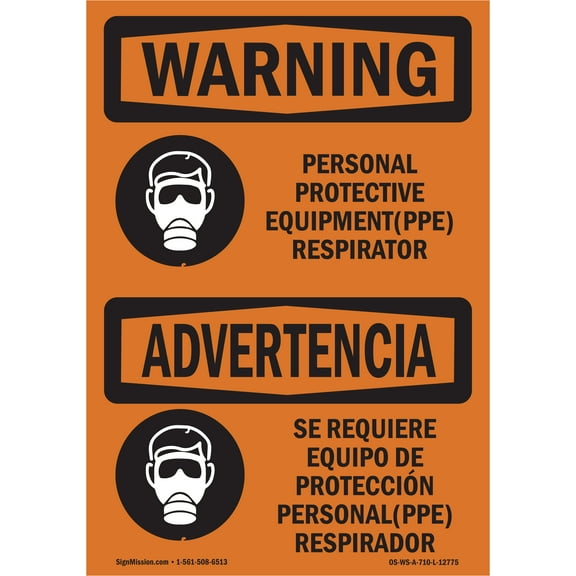 OSHA WARNING Sign - PPE Respirator Bilingual | Peel And Stick Wall Graphic | Protect your Business, Class Room, Office & Interior Surroundings | Made in the USA