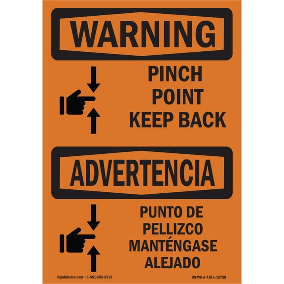 OSHA WARNING Sign - Pinch Point Keep Back Bilingual | Plastic Sign | Protect Your Business, Construction Site, Warehouse & Shop Area | Made in the USA