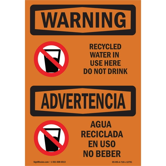 OSHA WARNING Sign - Recycled Water In Use Here Do Not Drink | Decal | Protect Your Business, Work Site, Warehouse & Shop Area | Made in the USA