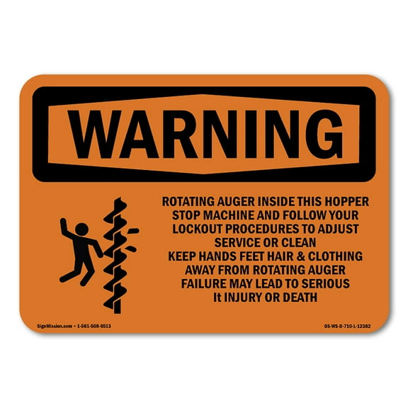 OSHA WARNING Sign - Rotating Auger Inside This Hopper With Symbol | Plastic Sign | Protect Your Business, Work Site, Warehouse | Made in the USA