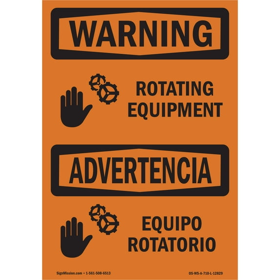 OSHA WARNING Sign - Rotating Equipment With Symbol Bilingual | Plastic Sign | Protect Your Business, Work Site, Warehouse & Shop Area | Made in the USA