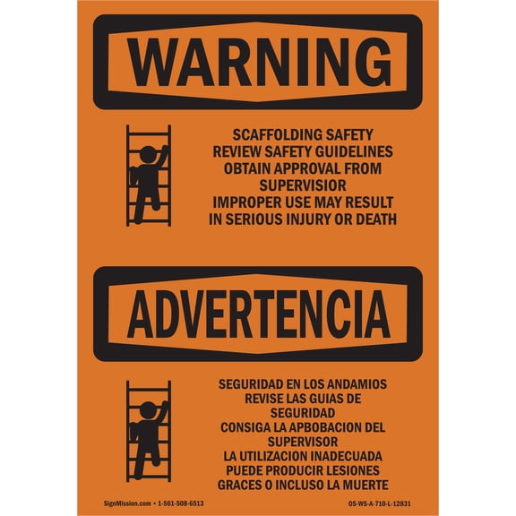 OSHA WARNING Sign - Scaffolding Safety Guidelines Bilingual | Plastic Sign | Protect Your Business, Work Site, Warehouse & Shop Area | Made in the USA