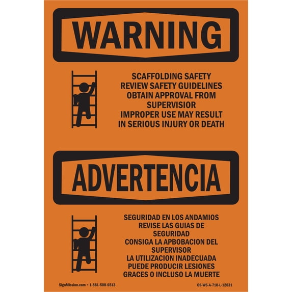OSHA WARNING Sign - Scaffolding Safety Guidelines Bilingual | Plastic Sign | Protect Your Business, Work Site, Warehouse & Shop Area | Made in the USA
