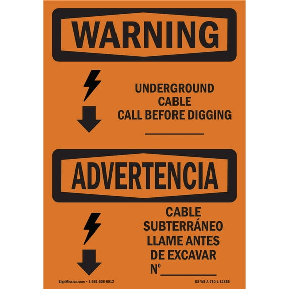 OSHA WARNING Sign - Underground Cable Call Before Bilingual | Plastic Sign | Protect Your Business, Work Site, Warehouse & Shop Area | Made in the USA