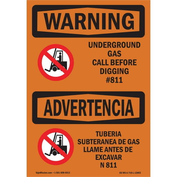 OSHA WARNING Sign - Underground Gas Call #811 Bilingual | Decal | Protect Your Business, Construction Site, Warehouse & Shop Area | Made in the USA