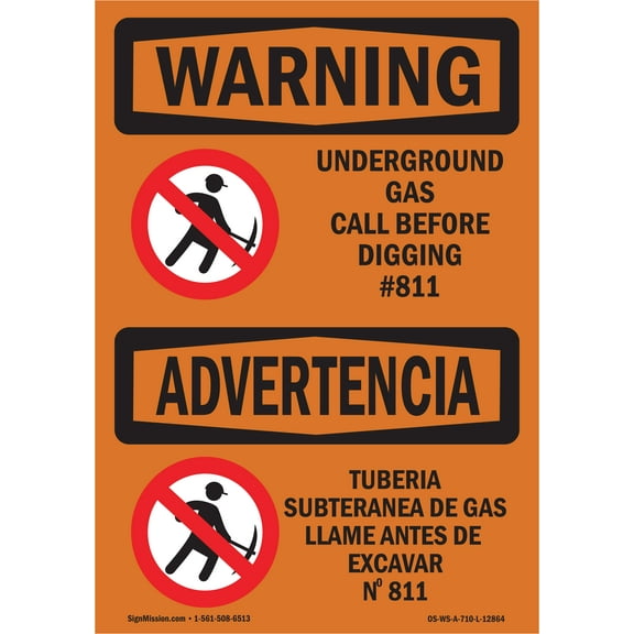 OSHA WARNING Sign - Underground Gas Call #811 Bilingual | Plastic Sign | Protect Your Business, Construction Site, Warehouse & Shop Area | Made in the USA