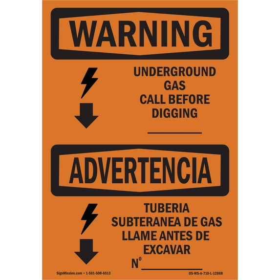 OSHA WARNING Sign - Underground Gas Call Custom Bilingual | Decal | Protect Your Business, Work Site, Warehouse & Shop Area | Made in the USA
