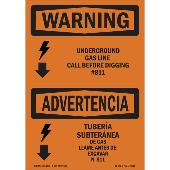 OSHA WARNING Sign - Underground Gas Line Call #811 Bilingual | Decal | Protect Your Business, Work Site, Warehouse & Shop Area | Made in the USA