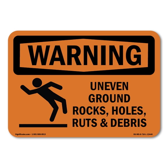 OSHA WARNING Sign - Uneven Ground Rocks Holes With Symbol | Plastic Sign | Protect Your Business Work Site Warehouse & Shop Area | Made in the USA