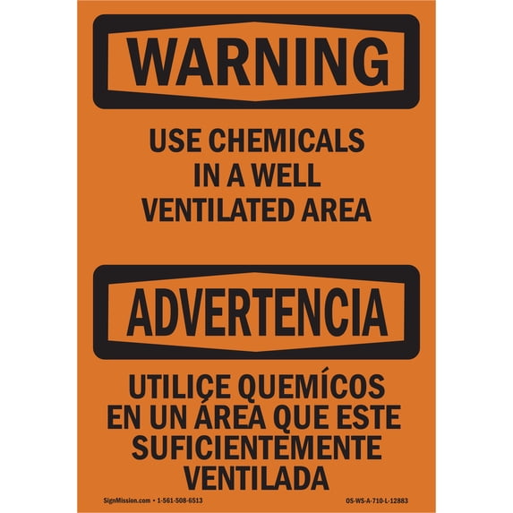 OSHA WARNING Sign - Use Chemicals In Ventilated Area Bilingual | Plastic Sign | Protect Your Business, Work Site, Warehouse & Shop Area | Made in the USA