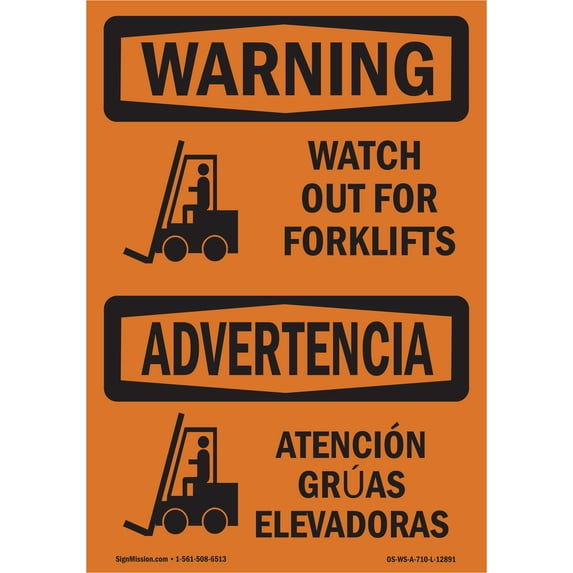 OSHA WARNING Sign - Watch Out For Forklifts Symbol Bilingual | Plastic Sign | Protect Your Business, Work Site, Warehouse & Shop Area | Made in the USA