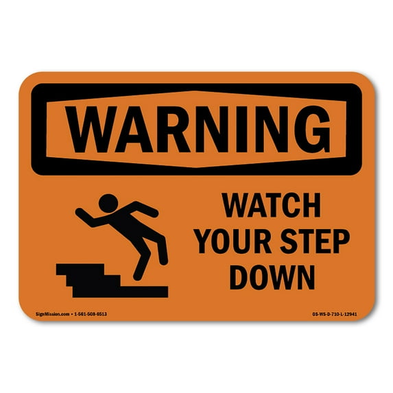 OSHA WARNING Sign - Watch Your Step Down With Symbol | Plastic Sign | Protect Your Business, Construction Site, Warehouse & Shop Area | Made in the USA