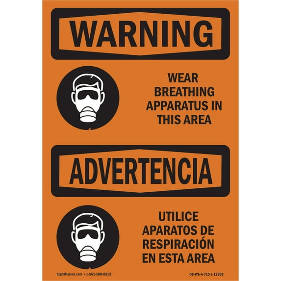 OSHA WARNING Sign - Wear Breathing Apparatus Bilingual | Plastic Sign | Protect Your Business, Construction Site, Warehouse & Shop Area | Made in the USA