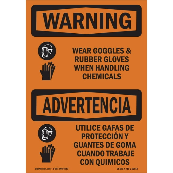 OSHA WARNING Sign - Wear Goggles And Rubber Gloves Bilingual | Decal | Protect Your Business, Work Site, Warehouse & Shop Area | Made in the USA