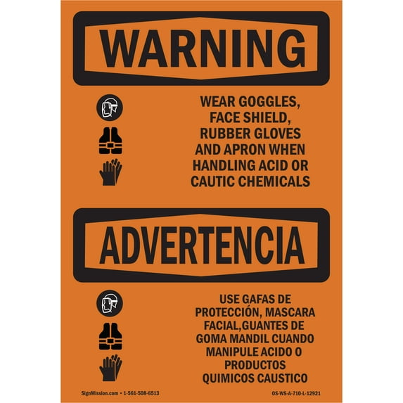 OSHA WARNING Sign - Wear Goggles Shield Gloves Acid Bilingual | Decal | Protect Your Business, Work Site, Warehouse & Shop Area | Made in the USA