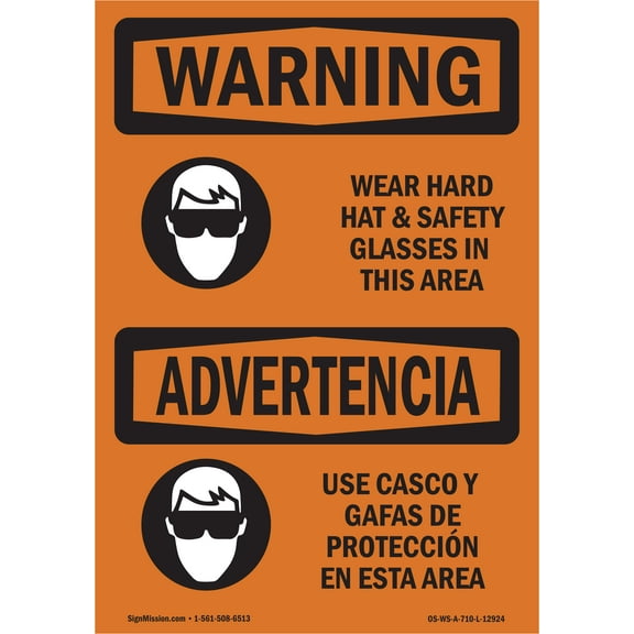 OSHA WARNING Sign - Wear Hard Hat And Safety Glasses Bilingual | Decal | Protect Your Business, Work Site, Warehouse & Shop Area | Made in the USA