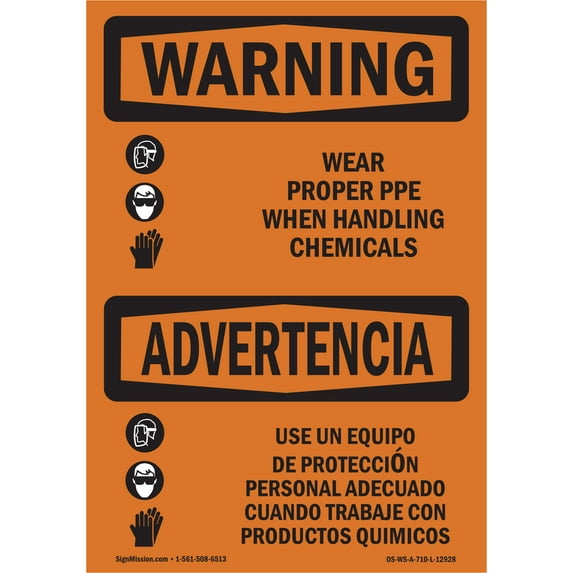 OSHA WARNING Sign - Wear PPE Handling Chemical Bilingual | Decal | Protect Your Business, Work Site, Warehouse & Shop Area | Made in the USA