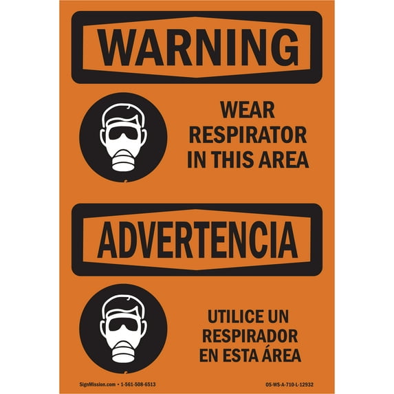 OSHA WARNING Sign - Wear Respirator In This Area Bilingual | Aluminum Sign | Protect Your Business, Work Site, Warehouse & Shop Area | Made in the USA