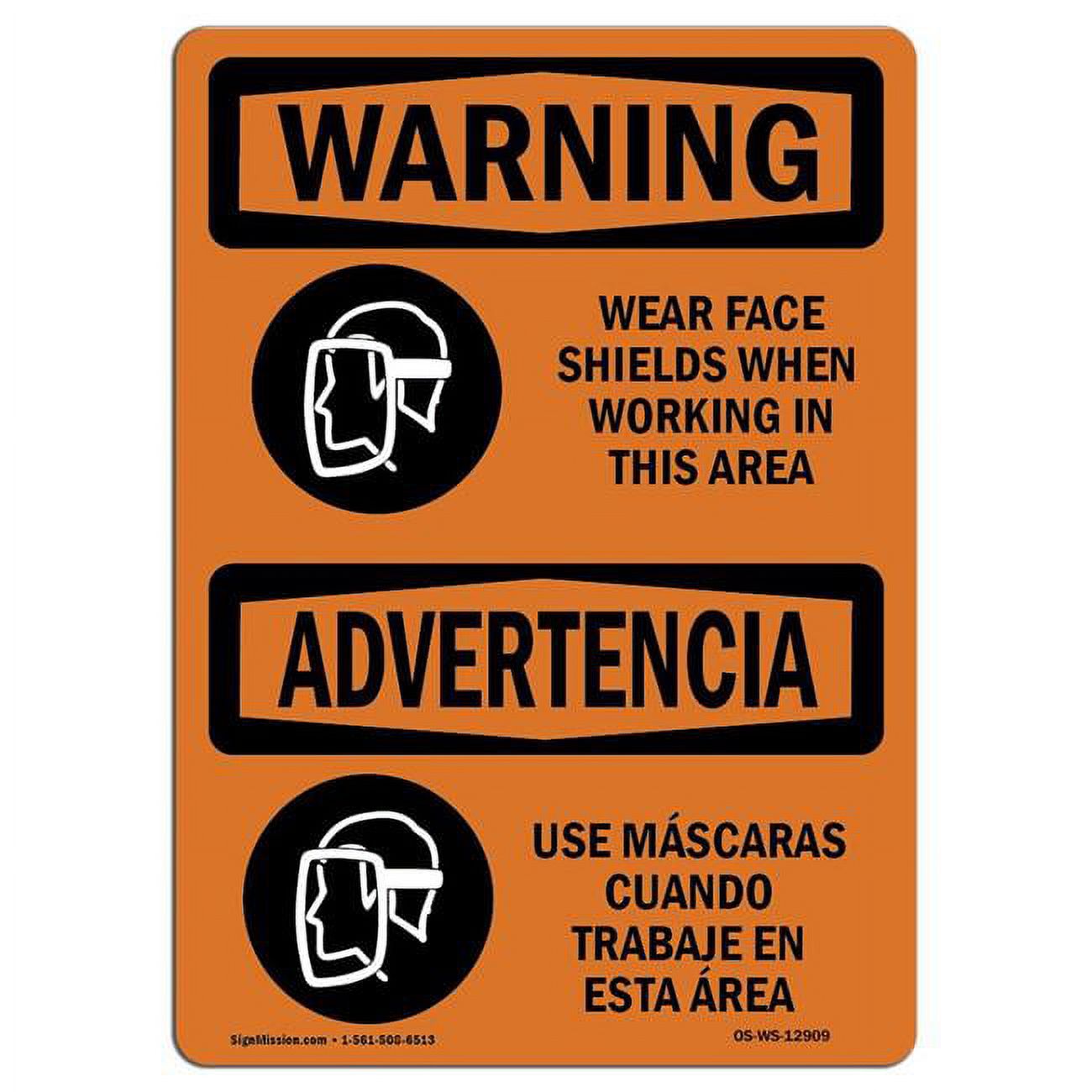 OSHA Warning Sign Wear Face Shields When Working Bilingual