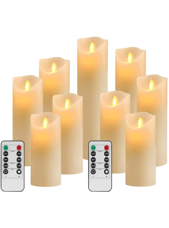 OSHINE Flameless Candles 9 pack LED Lights Moving Wick Ivory Electric Pillar Battery Candles Real Wax Flicker Lights Votive Flames Remote Control with Timer 300+ Hours