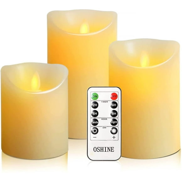 OSHINE Flameless Candles LED Lights Battery Candles 3-pack Moving Wick True Wax Electric Pillar Candles Votive Flicker Lights with Remote Control with Timer