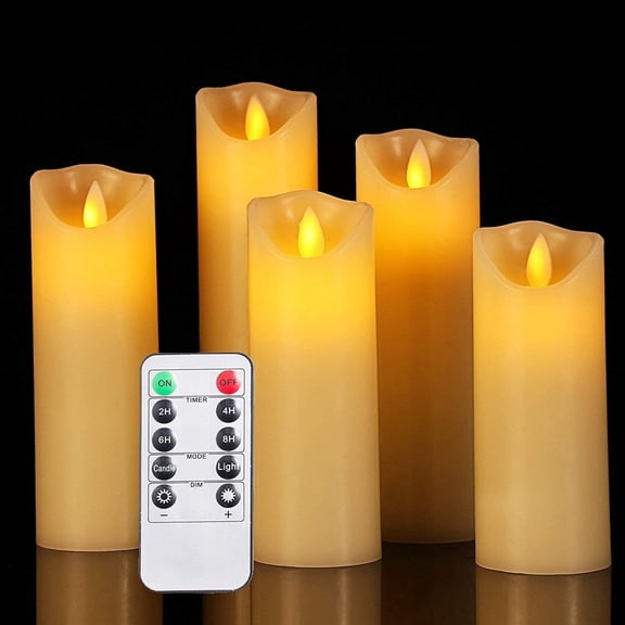 OSHINE Set of 5 Flameless Candles LED Pillar Candles Battery Operated Candles Electric Moving Wick Flickering Flame Ivory Real Wax Candles Remote Control with Timer 300+ Hours Halloween
