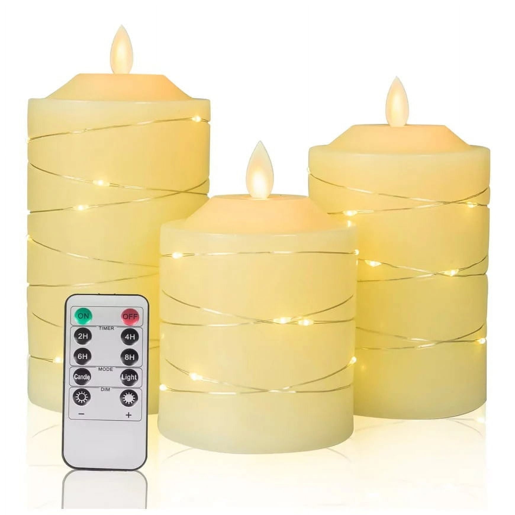 OSHINE Flickering Flameless Candles 3-pack LED Star String Lights Battery Operated Candles True Wax Electric Pillar Candles Votive Remote Control with Timer for Home Decor Halloween Christmas