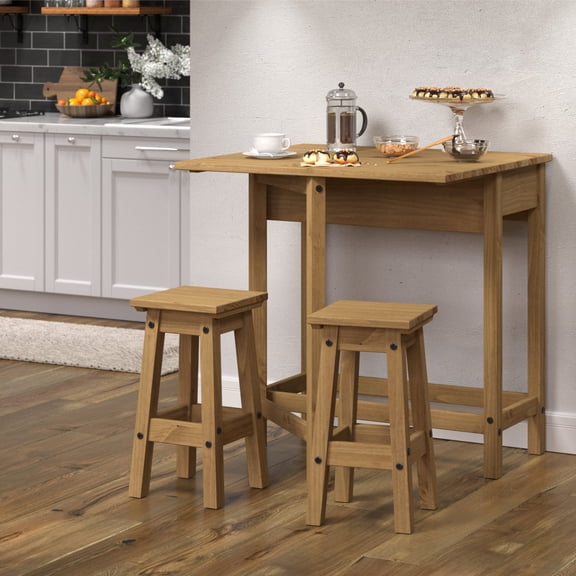 OSHOME 3-Piece Farmhouse Folding Dining Table Set with 2 Stools – Solid Pine Drop Leaf Kitchen Table Set in Corona Brown