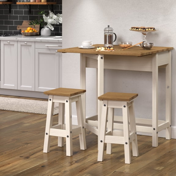 OSHOME 3-Piece Farmhouse Folding Dining Table Set with 2 Stools – Solid Pine Drop Leaf Kitchen Table Set in Distressed White & Natural Wood