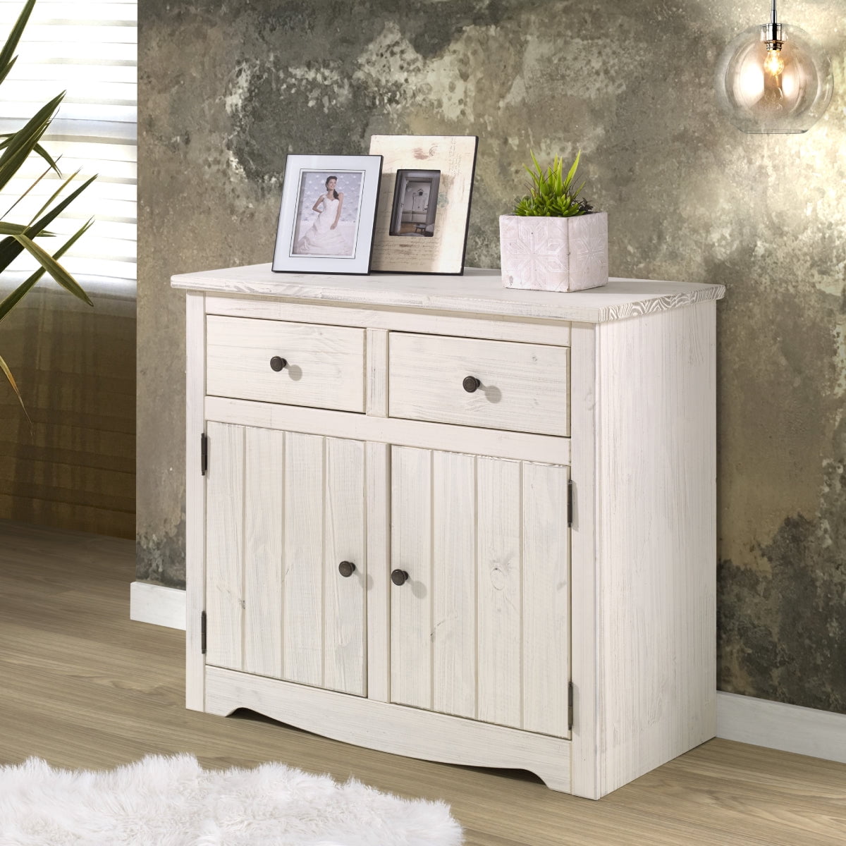OSHOME 36" Farmhouse Solid Pine Accent Buffet Sideboard with 2 Drawers in Distressed White