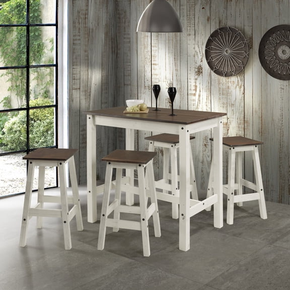 OSHOME 5-Piece Farmhouse Dining Table Set with 4 Stools Solid Pine Counter Height Kitchen Table Set in Distressed White with Rustic Wood Top
