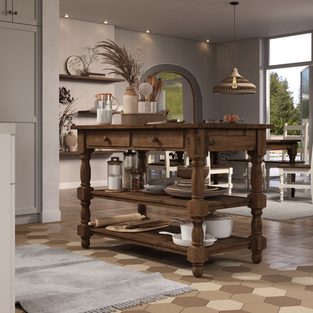 OSHOME 52" Farmhouse Kitchen Island with Drawers and Shelves – Solid Wood Kitchen Prep Table, Harvest Brown with Distressed Brown Top