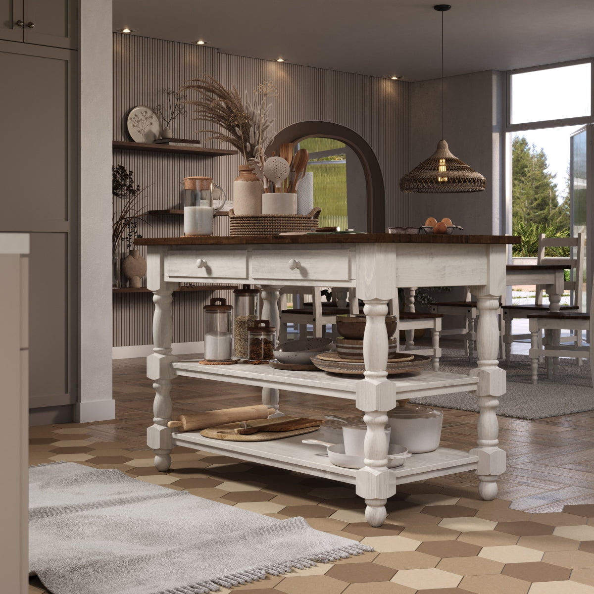 OSHOME 52" Farmhouse Kitchen Island with Drawers and Shelves – Solid Wood Kitchen Prep Table, Harvest White with Distressed Brown Top