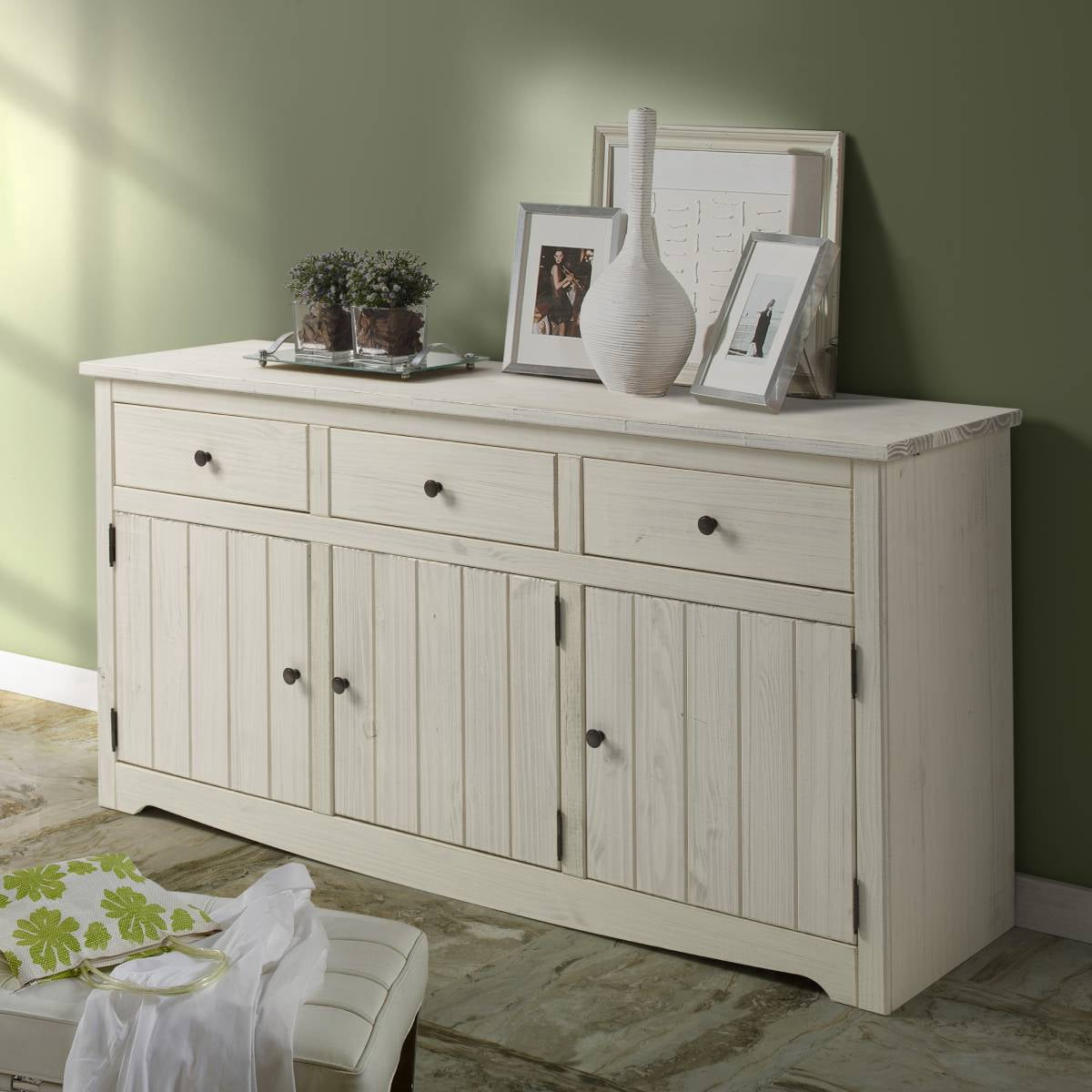 OSHOME 66" Farmhouse Solid Pine Accent Buffet Sideboard with 3 Drawers in Distressed White
