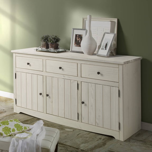 OSHOME 66" Farmhouse Solid Pine Accent Buffet Sideboard with 3 Drawers in Distressed White