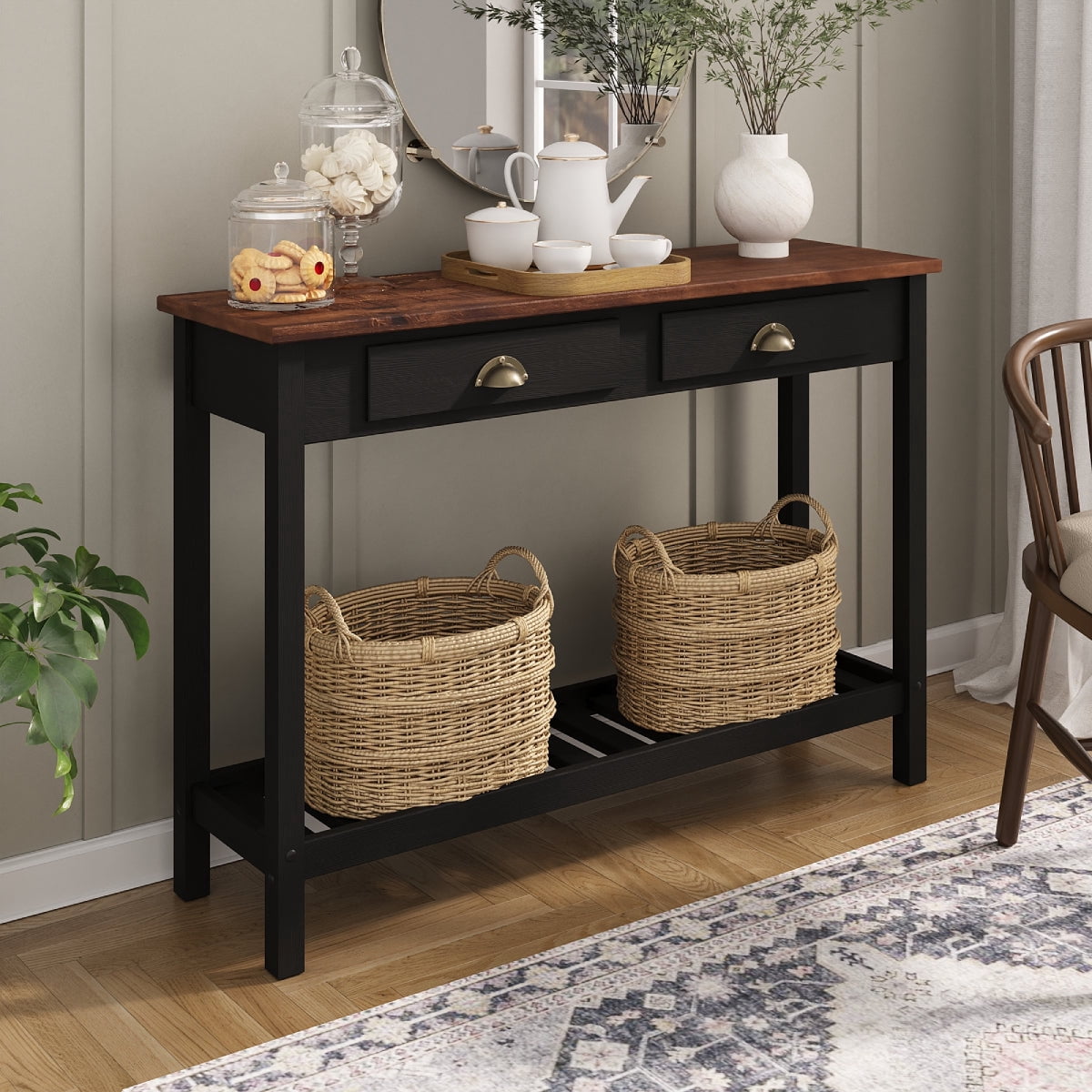 OSHOME Solid Pine Farmhouse Console Table with 2 Drawers and Shelf – Entryway Hall Table, Harvest Black & Distressed Brown Top