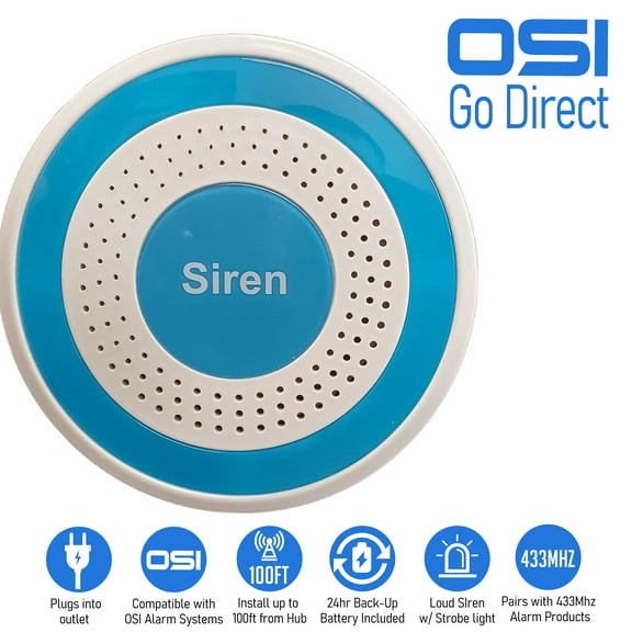 OSI Alarm Indoor Alarm Strobe Siren - Accessory for OSI Smart Wi-Fi Alarm System ,Wi-Fi Wireless Strobe Siren, Plugs into Electrical Outlet, Back-up Lithium Battery