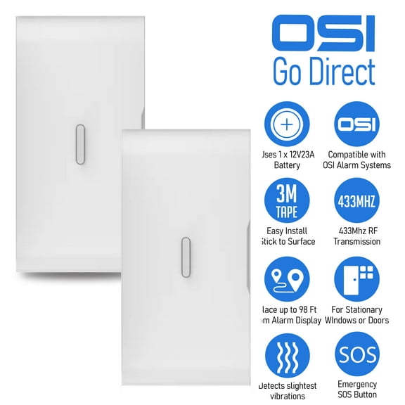 OSI Gen 2 Alarm Vibration Sensor Accessory (2-Pack) - Accessory for OSI Alarm System Gen 2, Vibration Detection, Concealed Emergency SOS Button, Wireless, 3M Tape