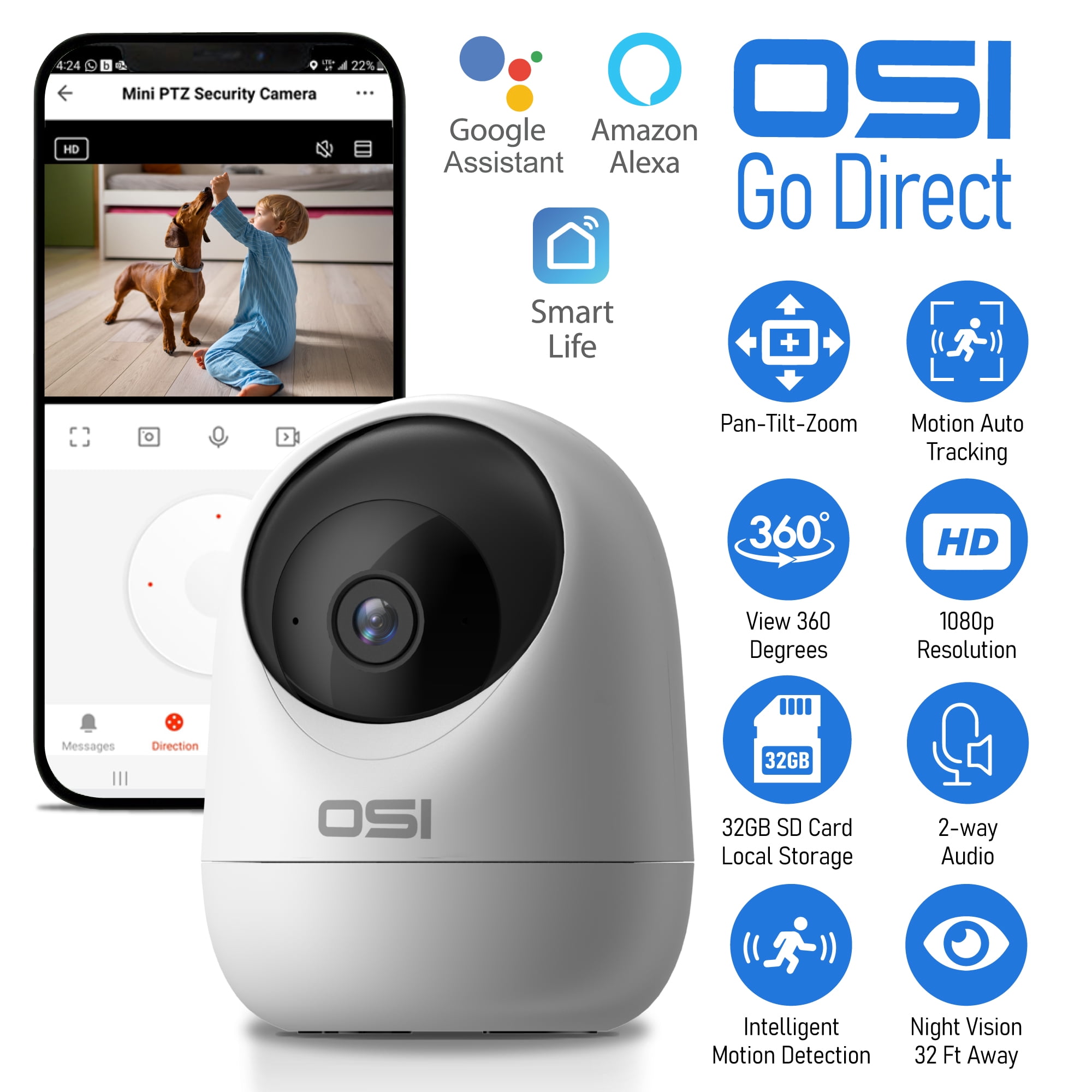 OSI Indoor Pan/Tilt Smart Security Camera, 1080p HD, Night Vision, Auto ...