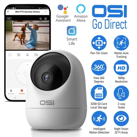 OSI Indoor Pan/Tilt Smart Security Camera, 1080p HD, Night Vision, Auto Tracking, Motion Detection for Baby, Dog & Pet Monitor, Cloud & SD Card Storage, Compatible with Alexa & Google Home