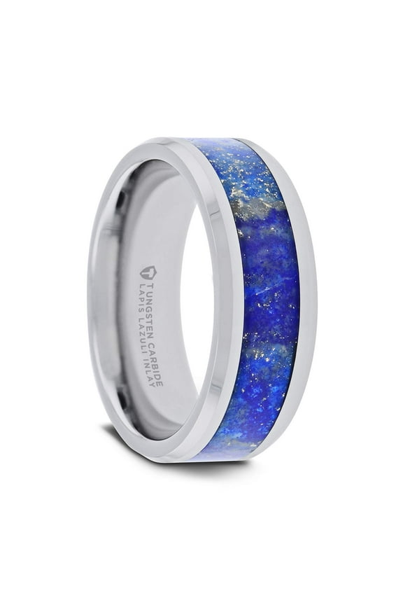 OSIAS | Tungsten Rings for Men | Tungsten | Comfort Fit | Lifetime Guarantee | Wedding Ring Band with Blue Lapis Inlay and Polished Beveled Edges - 8mm