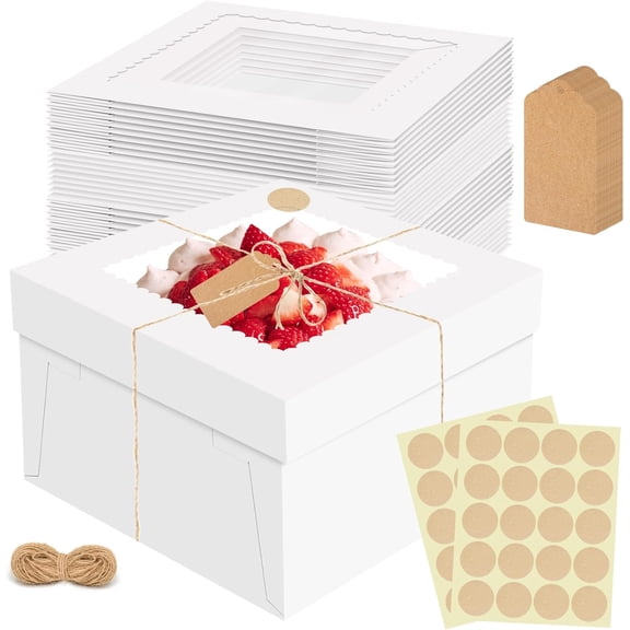 OSIMIG 16 Pcs Cake Boxes, 12x12x8 Inch White Bakery Boxes with Window, Large Square Cardboard Box, Birthday Party, Wedding, Cajas Para Postres