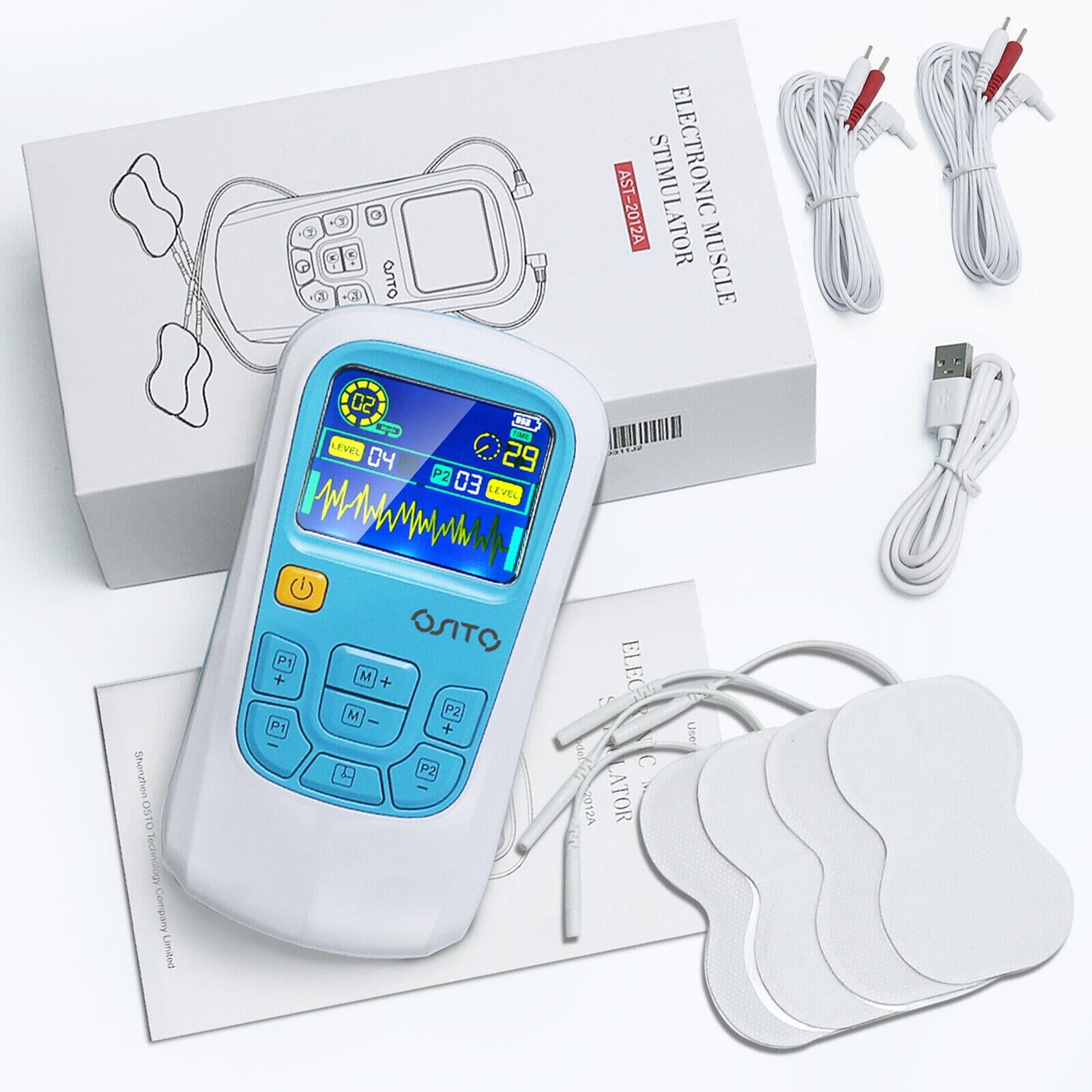 OSITO TENS Unit Muscle Stimulator 25 Modes Rechargeable Electronic Pulse Massager, EMS Massage Machine with 4 Reusable Pads, Pain Relief Therapy Machine with Dual Channel (Blue)