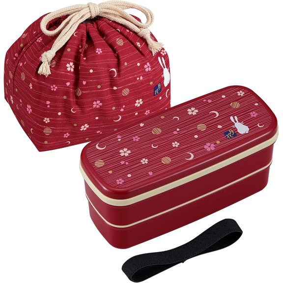OSK Japanese Traditional Rabbit Moon Bento Box Set, PW-28C Renewal Version, Microwave-safe, Dishwasher-safe, Chopsticks, Bento Bag, Red
