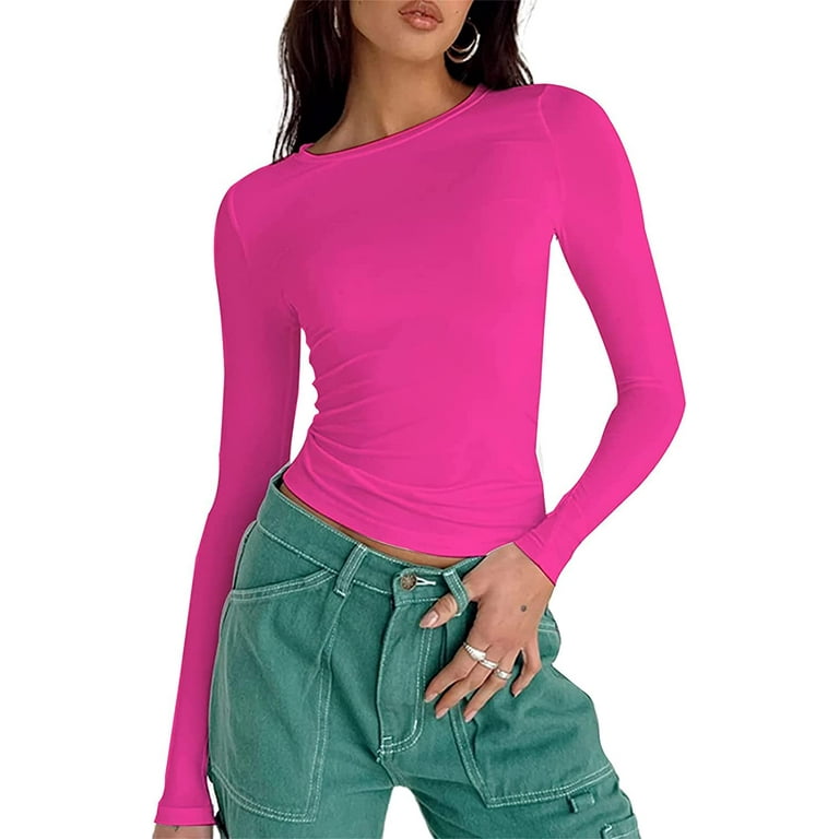 Fitted Basic Long Sleeve Shirt Women - Casual Y2K Long Sleeve Tops Crewneck  Slim Fit Tshirts Hot Girl Slim Shirts