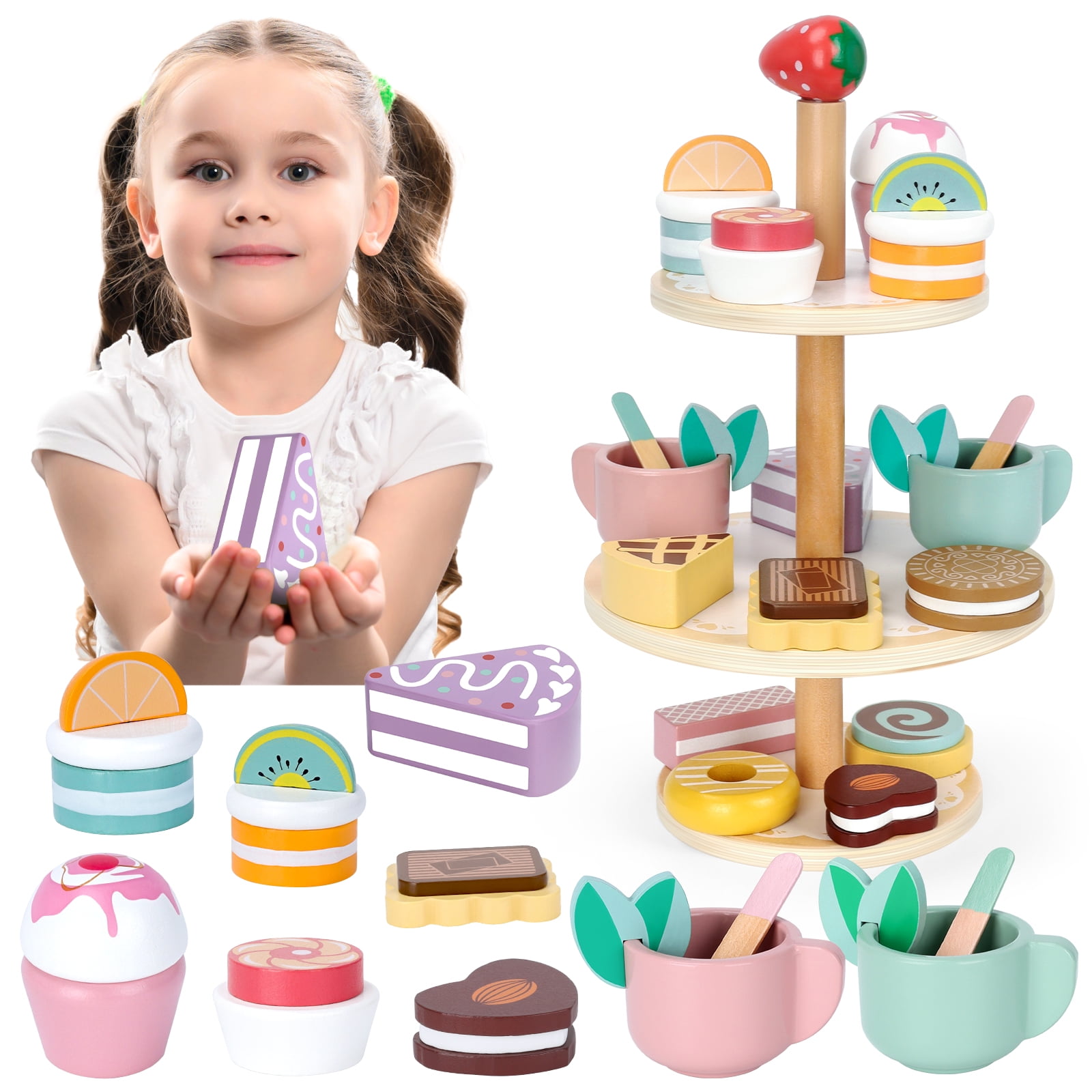 OSLINE Pretend Play Food Set for Girls Boys, Wooden Toys for Kitchen Accessories--Birthday Gifts
