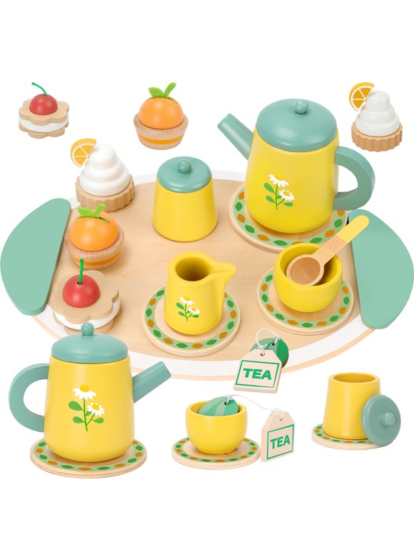 OSLINE Wooden Tea Set for Toddlers,Pretend Play Kids Toys for Girls Boys Birthday Gifts Yellow
